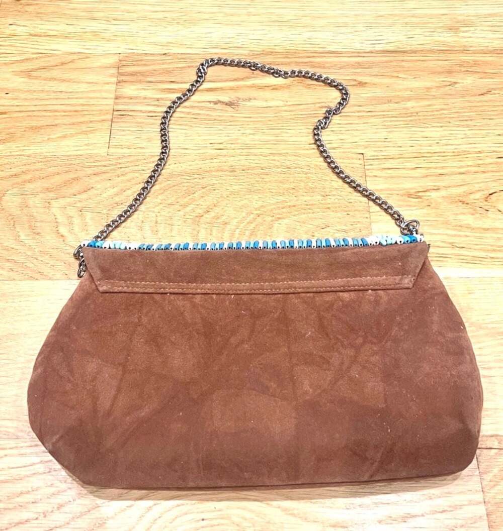 Chico's Brown Faux Suede Boho Turquoise Beaded Shoulder Bag with Chain Strap - Picture 8 of 9